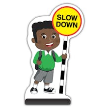 School Kid Cut Out Pavement Sign - Toby  - Slow Down - Green Uniform