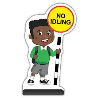 School Kid Cut Out Pavement Sign - Toby  - No Idling - Green Uniform