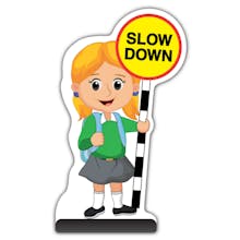 School Kid Cut Out Pavement Sign - Jess  - Slow Down - Green Uniform