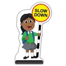 School Kid Cut Out Pavement Sign - Ruby  - Slow Down - Green Uniform