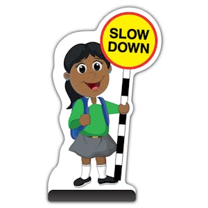 School Kid Cut Out Pavement Sign - Ruby  - Slow Down - Green Uniform