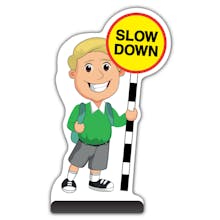 School Kid Cut Out Pavement Sign - Finn  - Slow Down - Green Uniform