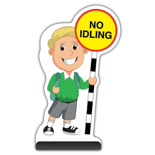 School Kid Cut Out Pavement Sign - Finn  - No Idling - Green Uniform