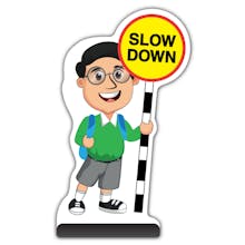 School Kid Cut Out Pavement Sign -  Liam  - Slow Down - Green Uniform