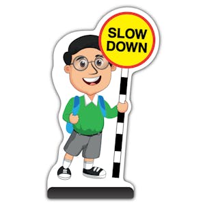 School Kid Cut Out Pavement Sign -  Liam  - Slow Down - Green Uniform