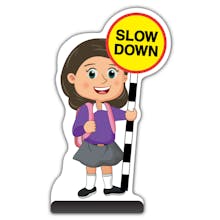 School Kid Cut Out Pavement Sign - Mollie  - Slow Down - Purple Uniform