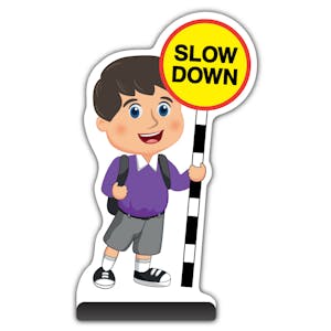 School Kid Cut Out Pavement Sign - Charlie  - Slow Down - Purple Uniform