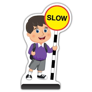 School Kid Cut Out Pavement Sign - Charlie  - Slow - Purple Uniform