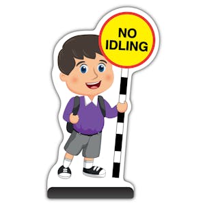 School Kid Cut Out Pavement Sign - Charlie  - No Idling - Purple Uniform