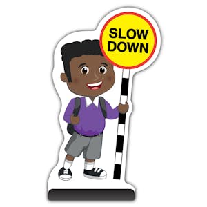 School Kid Cut Out Pavement Sign - Toby  - Slow Down - Purple Uniform