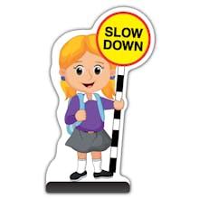 School Kid Cut Out Pavement Sign - Jess  - Slow Down - Purple Uniform