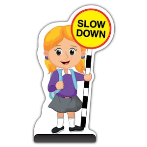 School Kid Cut Out Pavement Sign - Jess  - Slow Down - Purple Uniform