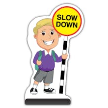 School Kid Cut Out Pavement Sign - Finn  - Slow Down - Purple Uniform