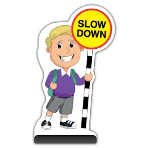 School Kid Cut Out Pavement Sign - Finn  - Slow Down - Purple Uniform