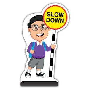 School Kid Cut Out Pavement Sign -  Liam  - Slow Down - Purple Uniform