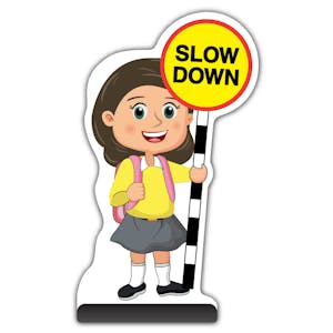 School Kid Cut Out Pavement Sign - Mollie  - Slow Down - Yellow Uniform