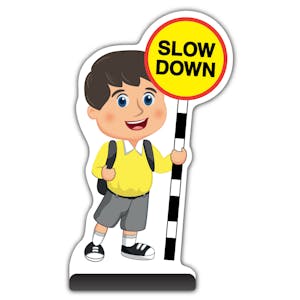 School Kid Cut Out Pavement Sign - Charlie  - Slow Down - Yellow Uniform