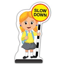 School Kid Cut Out Pavement Sign - Jess  - Slow Down - Yellow Uniform