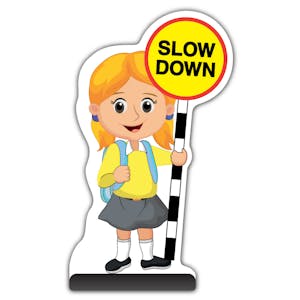 School Kid Cut Out Pavement Sign - Jess  - Slow Down - Yellow Uniform