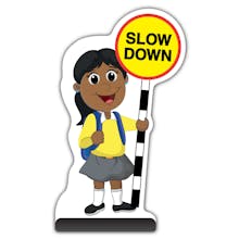 School Kid Cut Out Pavement Sign - Ruby  - Slow Down - Yellow Uniform