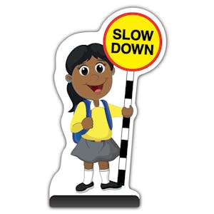 School Kid Cut Out Pavement Sign - Ruby  - Slow Down - Yellow Uniform