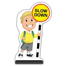 School Kid Cut Out Pavement Sign - Finn  - Slow Down - Yellow Uniform