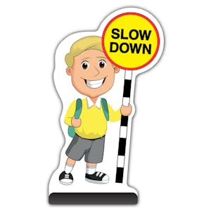 School Kid Cut Out Pavement Sign - Finn  - Slow Down - Yellow Uniform