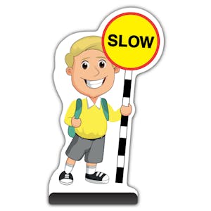 School Kid Cut Out Pavement Sign - Finn  - Slow - Yellow Uniform