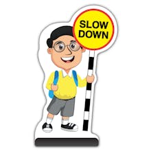 School Kid Cut Out Pavement Sign -  Liam  - Slow Down - Yellow Uniform