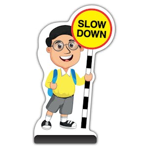 School Kid Cut Out Pavement Sign -  Liam  - Slow Down - Yellow Uniform