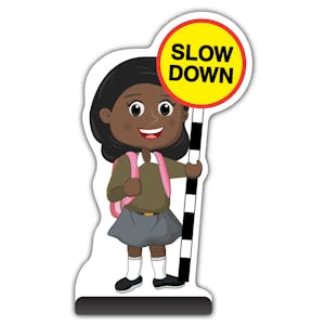 School Kid Cut Out Pavement Sign - Naomi  - Slow Down - Brown Uniform 