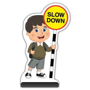 School Kid Cut Out Pavement Sign - Charlie  - Slow Down - Brown Uniform 