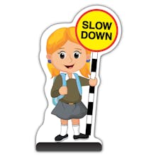 School Kid Cut Out Pavement Sign - Jess  - Slow Down - Brown Uniform 