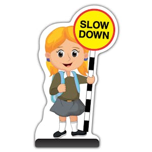 School Kid Cut Out Pavement Sign - Jess  - Slow Down - Brown Uniform 