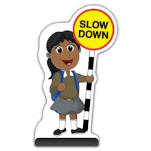 School Kid Cut Out Pavement Sign - Ruby  - Slow Down - Brown Uniform 