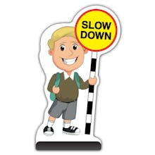 School Kid Cut Out Pavement Sign - Finn  - Slow Down - Brown Uniform 