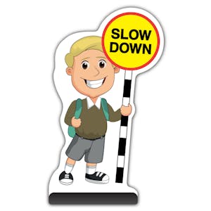 School Kid Cut Out Pavement Sign - Finn  - Slow Down - Brown Uniform 