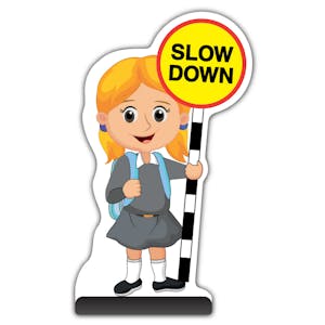 School Kid Cut Out Pavement Sign - Jess  - Slow Down - Grey Uniform