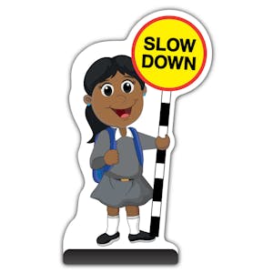 School Kid Cut Out Pavement Sign - Ruby  - Slow Down - Grey Uniform