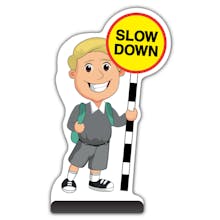 School Kid Cut Out Pavement Sign - Finn  - Slow Down - Grey Uniform