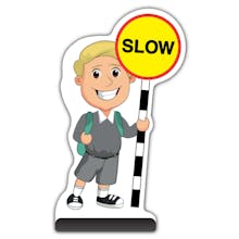 School Kid Cut Out Pavement Sign - Finn  - Slow - Grey Uniform