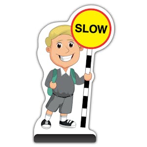 School Kid Cut Out Pavement Sign - Finn  - Slow - Grey Uniform