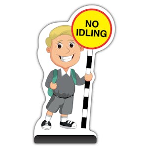 School Kid Cut Out Pavement Sign - Finn  - No Idling - Grey Uniform