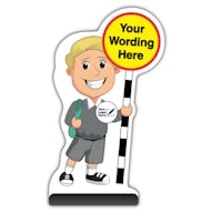 Custom Kid Cut Out Pavement Sign - Finn - Grey Uniform - Your Logo Here