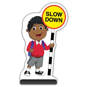 School Kid Cut Out Pavement Sign -  Kamal  - Slow Down - Red Uniform