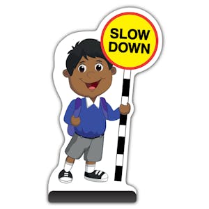 School Kid Cut Out Pavement Sign -  Kamal  - Slow Down - Blue Uniform