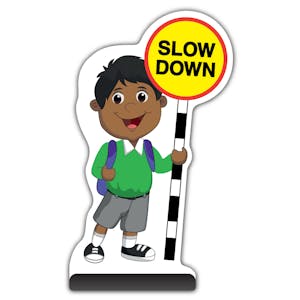 School Kid Cut Out Pavement Sign -  Kamal  - Slow Down - Green Uniform