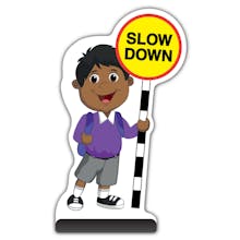 School Kid Cut Out Pavement Sign -  Kamal  - Slow Down - Purple Uniform