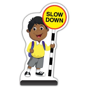 School Kid Cut Out Pavement Sign -  Kamal  - Slow Down - Yellow Uniform