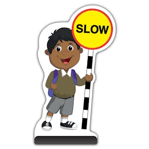 School Kid Cut Out Pavement Sign -  Kamal  - Slow - Brown Uniform 